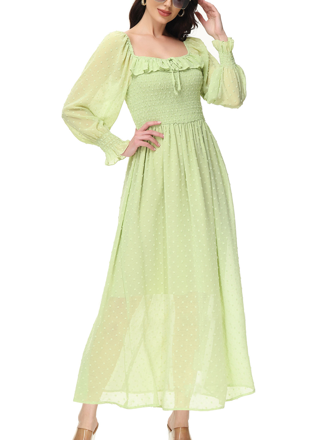 Vestido largo de manga larga con lunares suizos y forro para mujer de Anna-Kaci con detalle anudado y fruncido y escote cuadrado