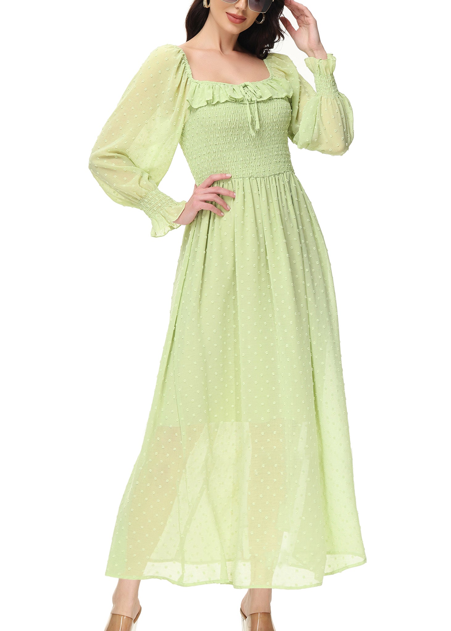 Vestido largo de manga larga con lunares suizos y forro para mujer de Anna-Kaci con detalle anudado y fruncido y escote cuadrado