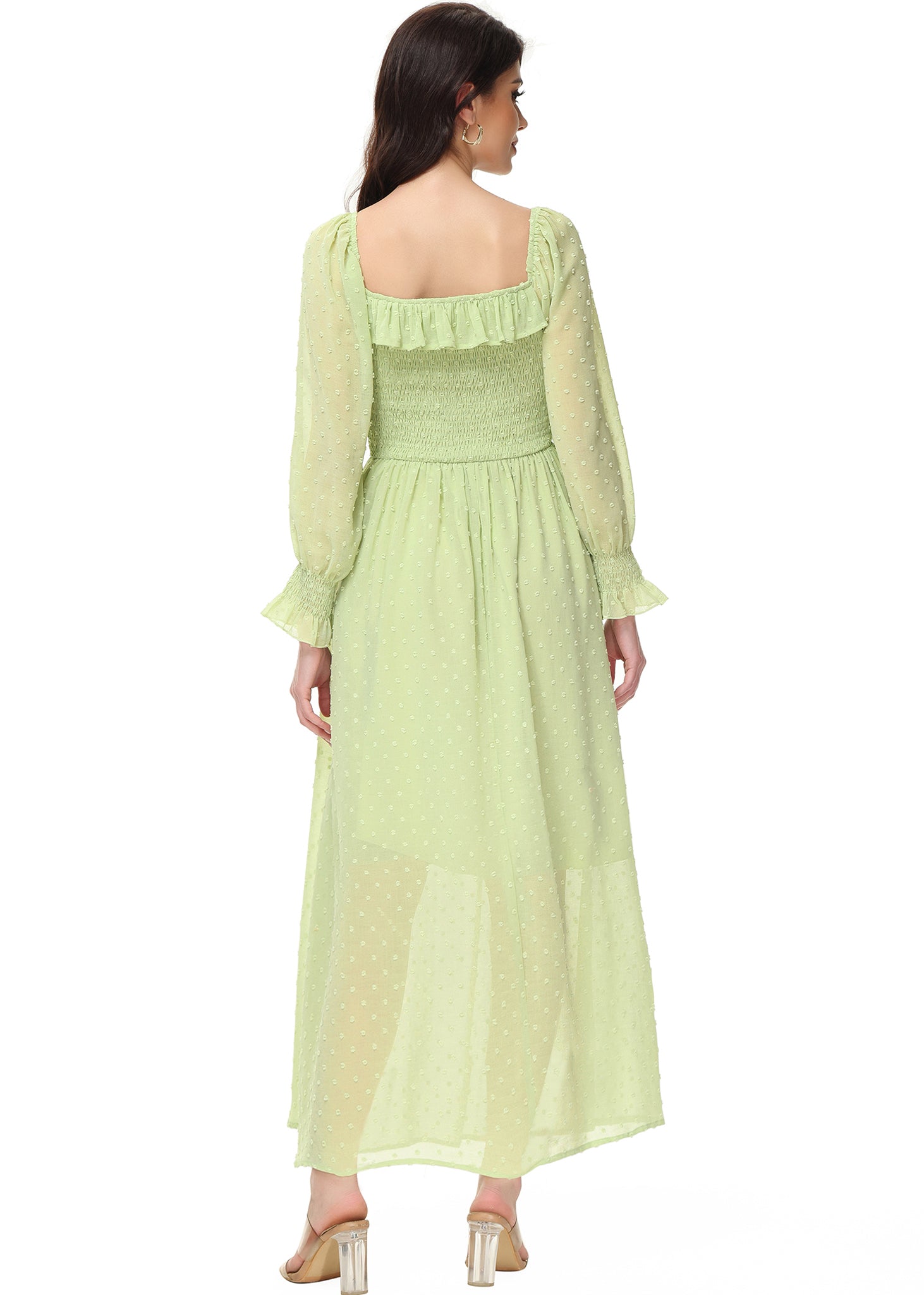 Vestido largo de manga larga con lunares suizos y forro para mujer de Anna-Kaci con detalle anudado y fruncido y escote cuadrado