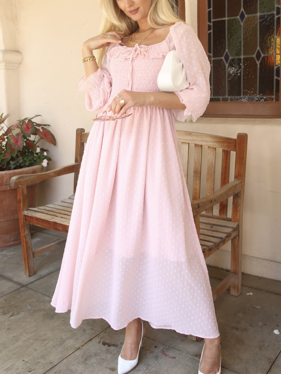 Vestido largo de manga larga con lunares suizos y forro para mujer de Anna-Kaci con detalle anudado y fruncido y escote cuadrado