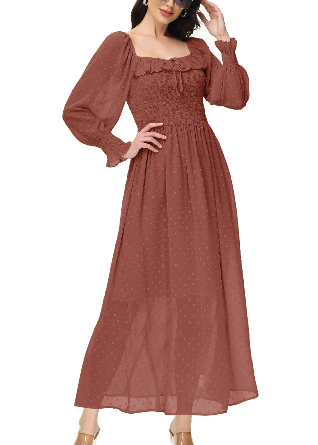 Vestido largo de manga larga con lunares suizos y forro para mujer de Anna-Kaci con detalle anudado y fruncido y escote cuadrado