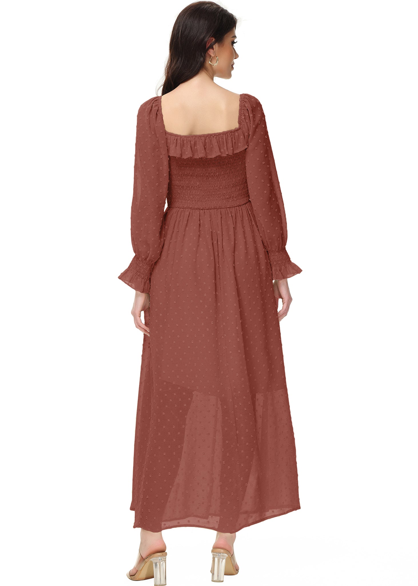 Vestido largo de manga larga con lunares suizos y forro para mujer de Anna-Kaci con detalle anudado y fruncido y escote cuadrado