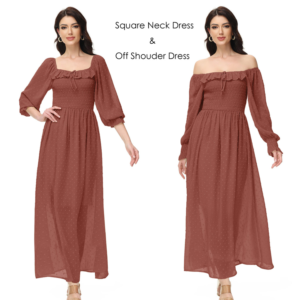 Vestido largo de manga larga con lunares suizos y forro para mujer de Anna-Kaci con detalle anudado y fruncido y escote cuadrado