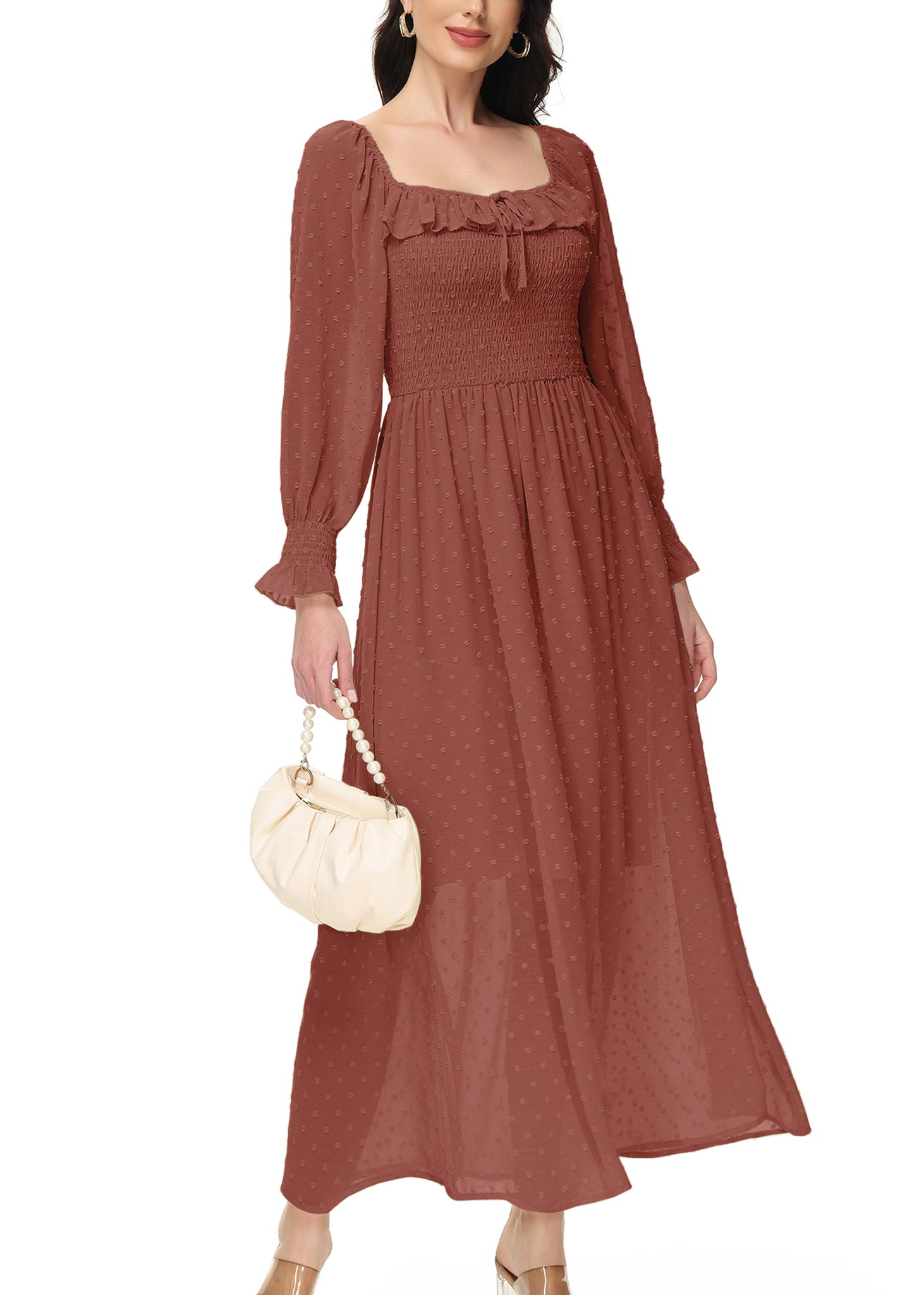 Vestido largo de manga larga con lunares suizos y forro para mujer de Anna-Kaci con detalle anudado y fruncido y escote cuadrado