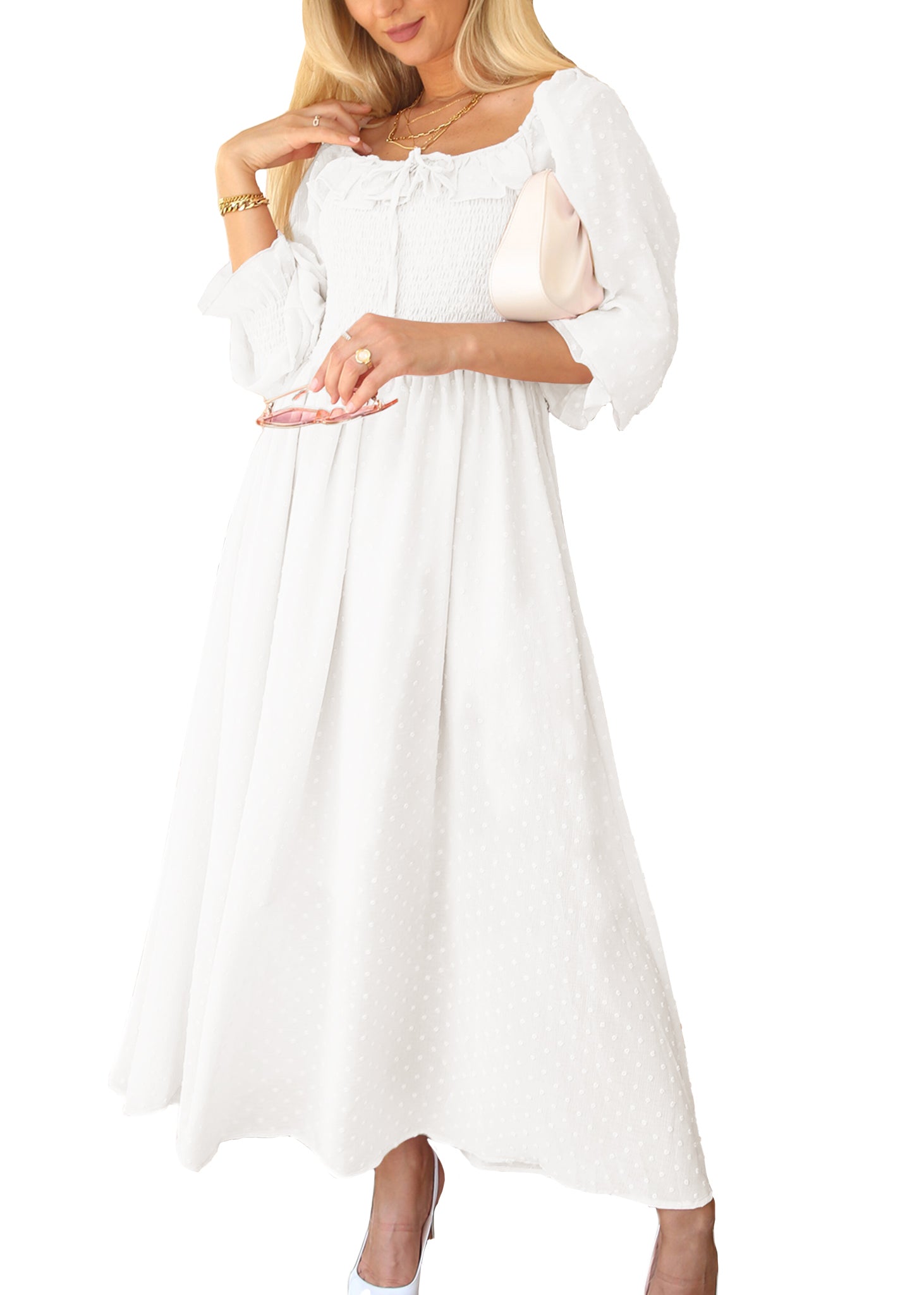 Vestido largo de manga larga con lunares suizos y forro para mujer de Anna-Kaci con detalle anudado y fruncido y escote cuadrado