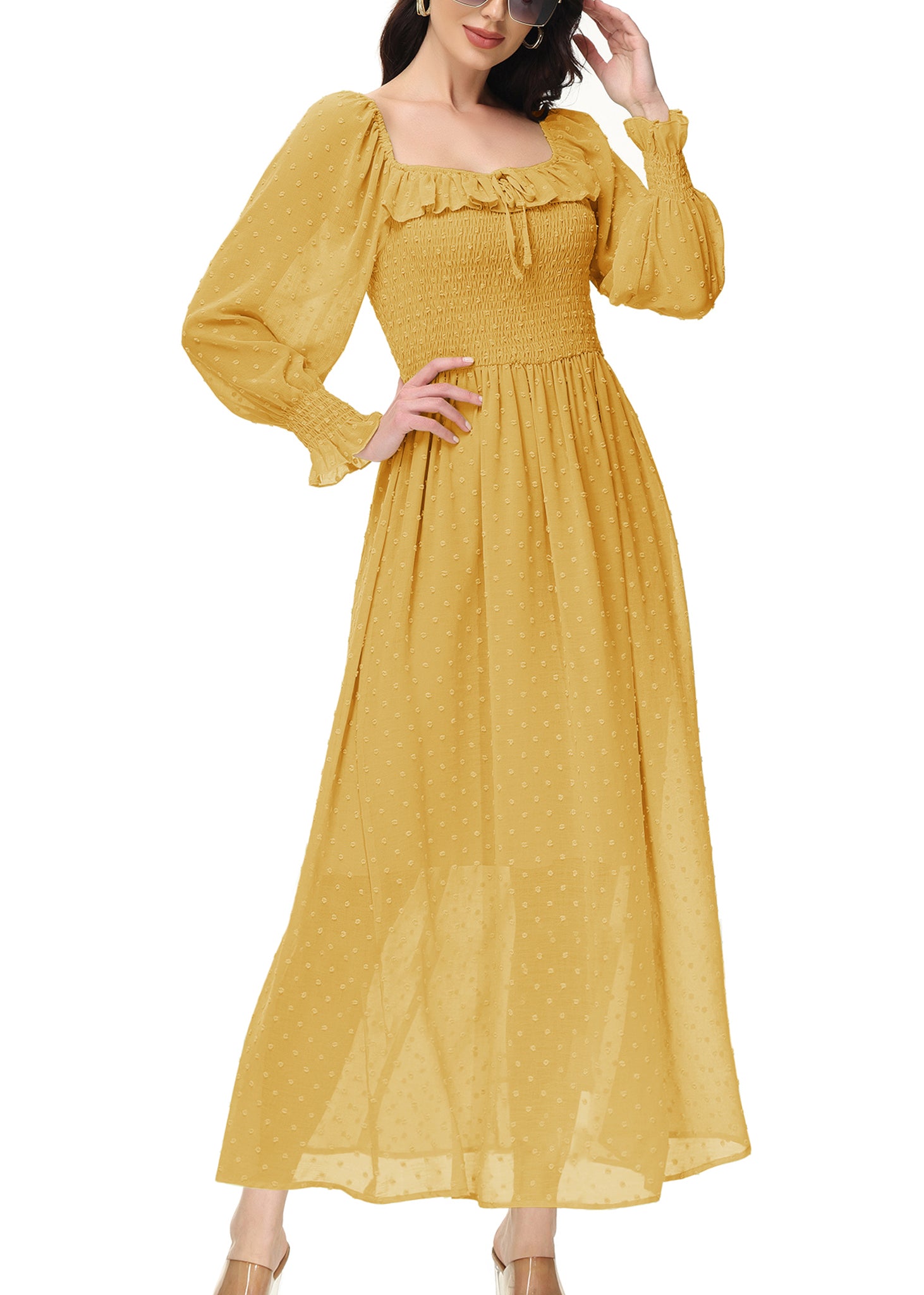 Vestido largo de manga larga con lunares suizos y forro para mujer de Anna-Kaci con detalle anudado y fruncido y escote cuadrado
