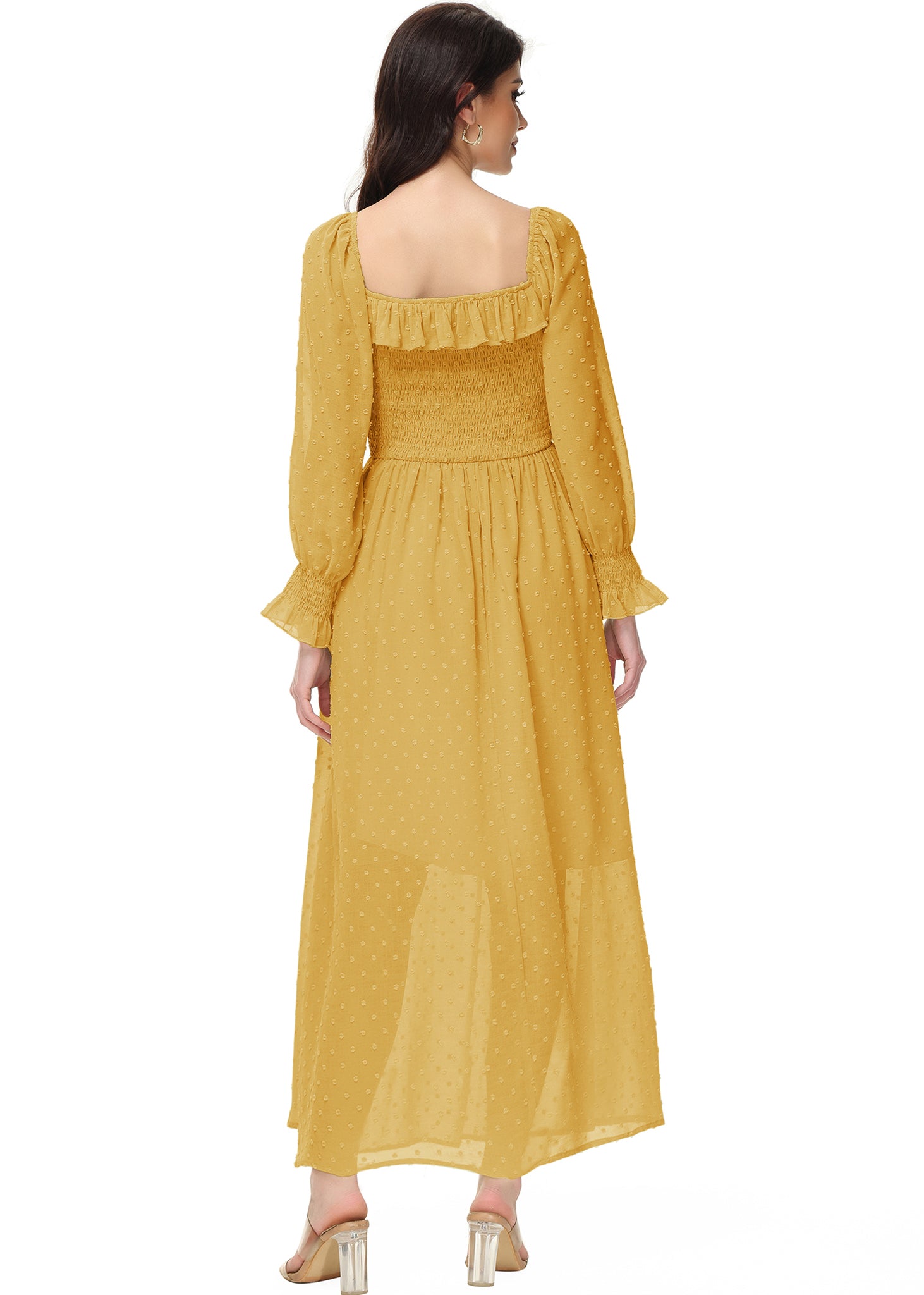Vestido largo de manga larga con lunares suizos y forro para mujer de Anna-Kaci con detalle anudado y fruncido y escote cuadrado