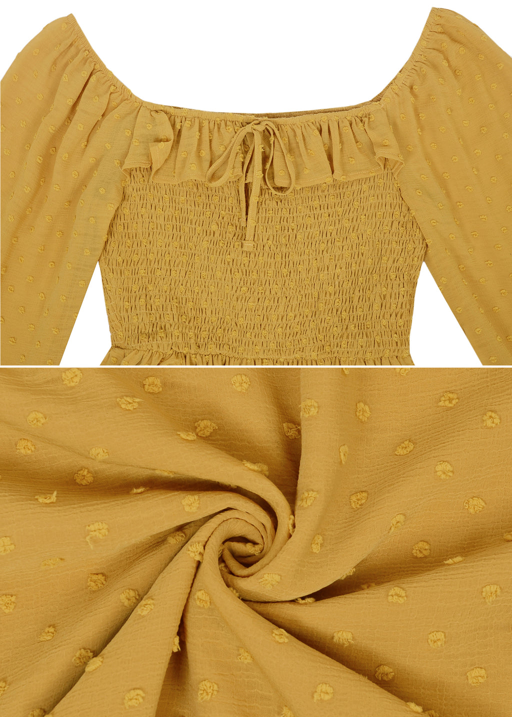 Vestido largo de manga larga con lunares suizos y forro para mujer de Anna-Kaci con detalle anudado y fruncido y escote cuadrado