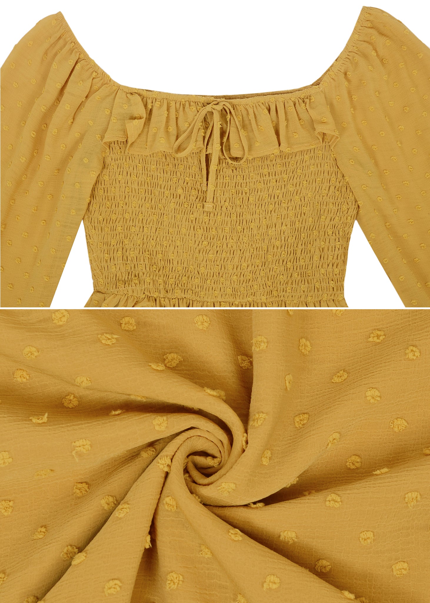 Vestido largo de manga larga con lunares suizos y forro para mujer de Anna-Kaci con detalle anudado y fruncido y escote cuadrado