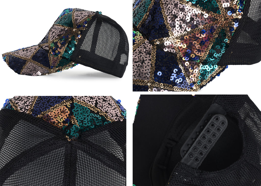 Gorra de béisbol para mujer Anna-Kaci, gorra con cola de caballo con purpurina, gorra de moño alto desordenado, gorra de camionero para papá