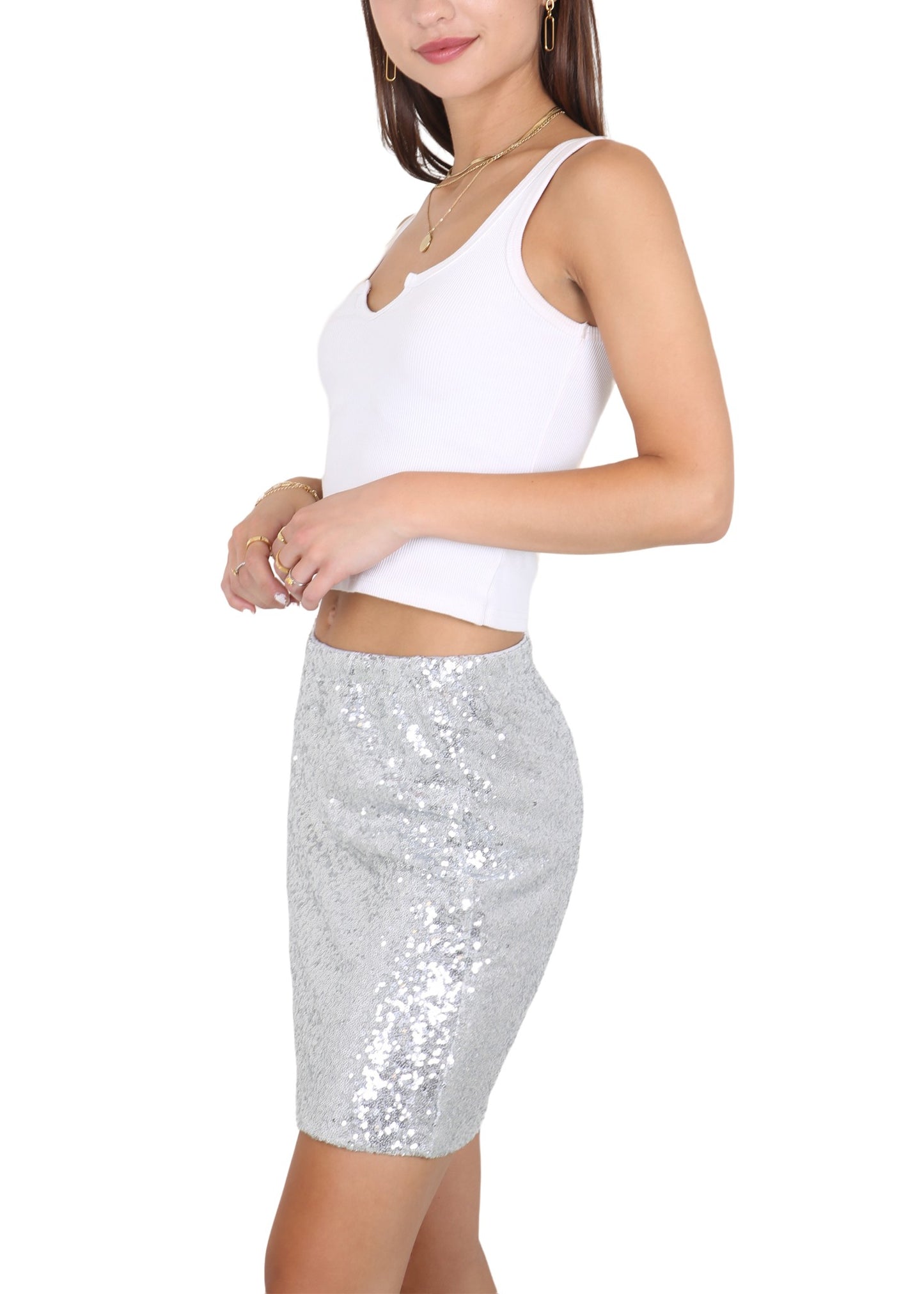 Anna-Kaci Womens Vegas Night Out Sleek Stretch Shiny Sequin Mini Pencil Skirt