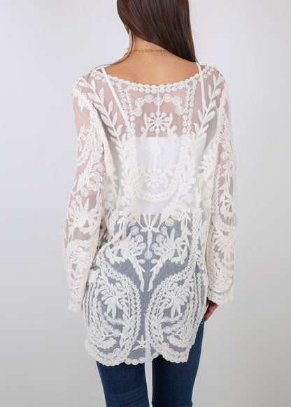 Contrast Embroidered Lace V Neck Bikini Cover Up Beach Mini Dress with Half Sleeve