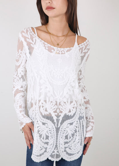 Contrast Embroidered Lace V Neck Bikini Cover Up Beach Mini Dress with Half Sleeve