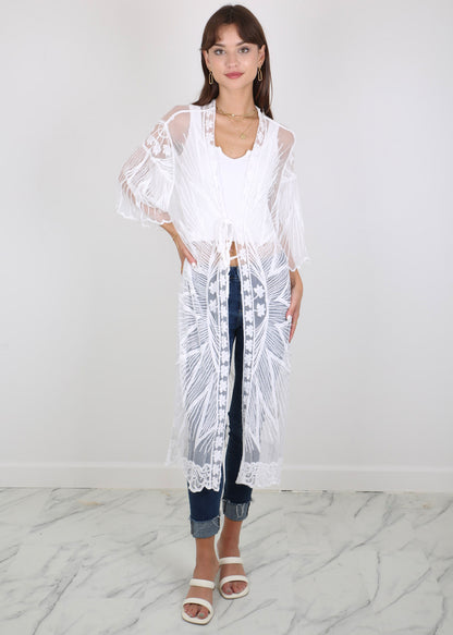 Half Sleeve Tie Front Embroidered Lace Kimono Cardigan Coverup