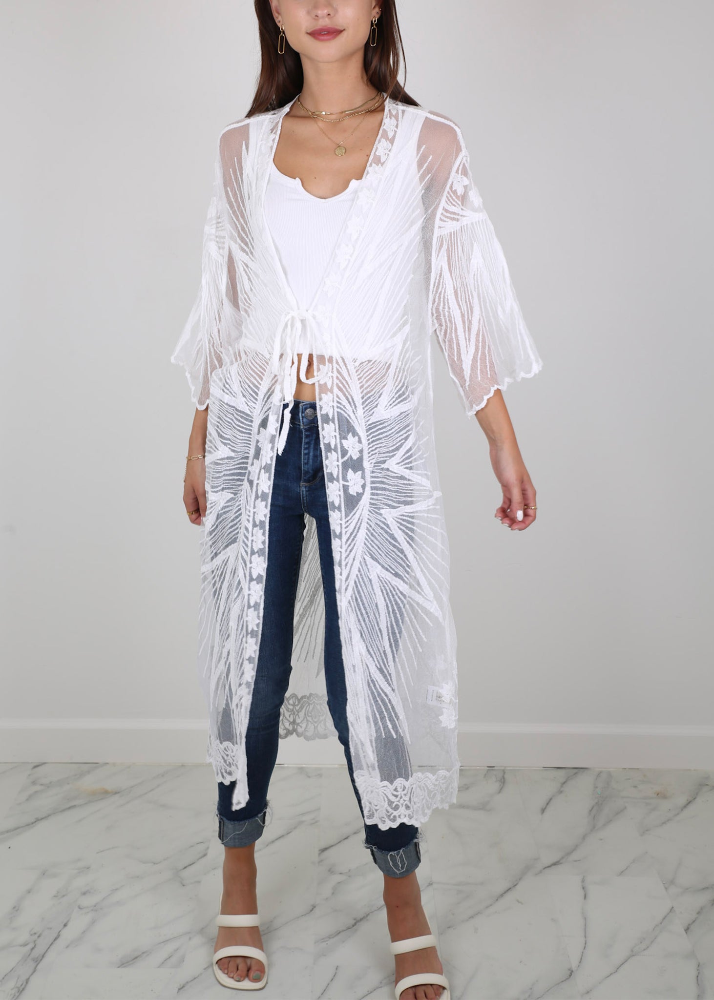 Half Sleeve Tie Front Embroidered Lace Kimono Cardigan Coverup