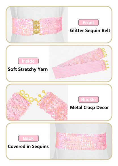 Anna-Kaci Women Glitter Sequin Belts Stretchy Sparkly Cinch Belt Disco Party Costume Elastic Waist Accessory
