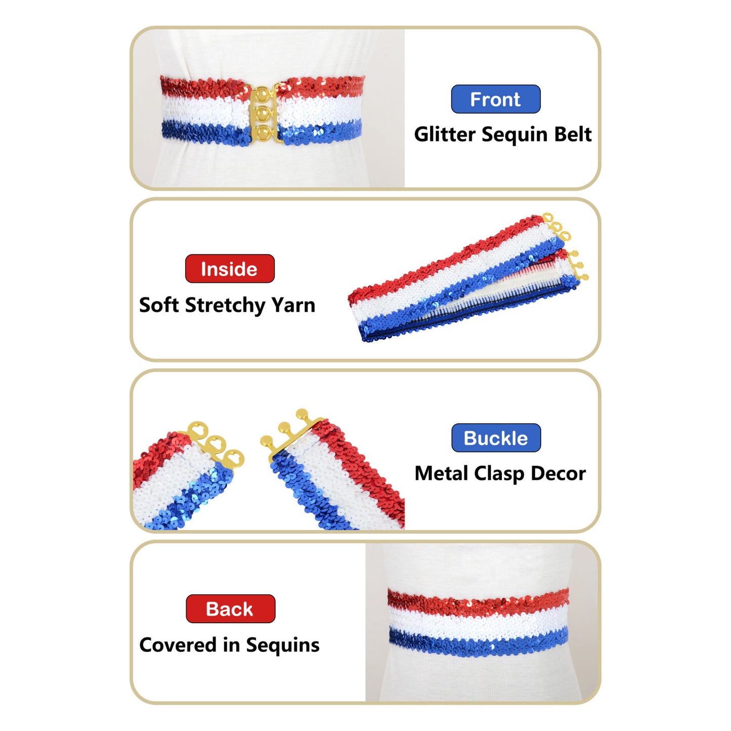 Anna-Kaci Women's Sequin Elastic Waist Belt with Gold Tone Clasp