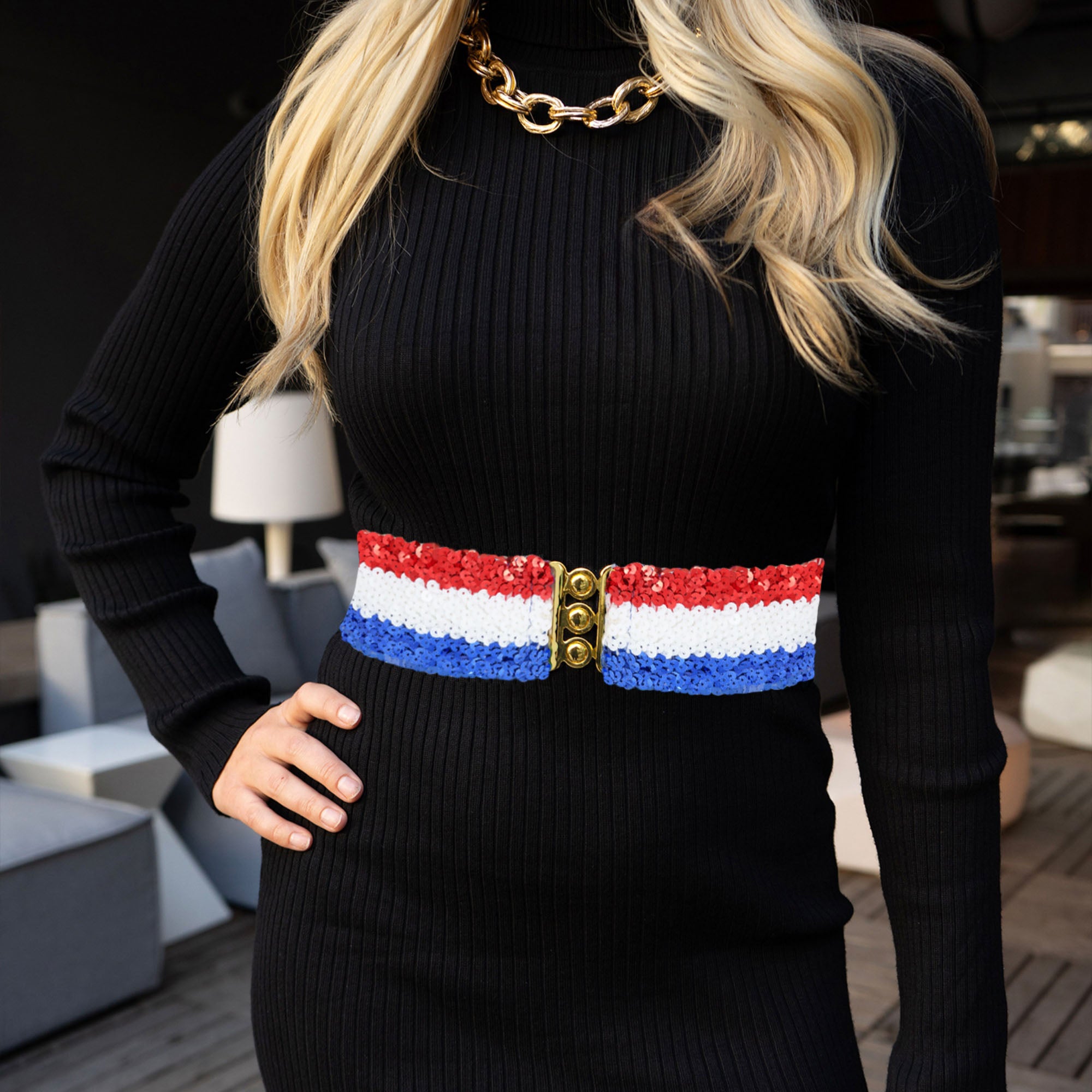 Anna-Kaci Women's Sequin Elastic Waist Belt with Gold Tone Clasp