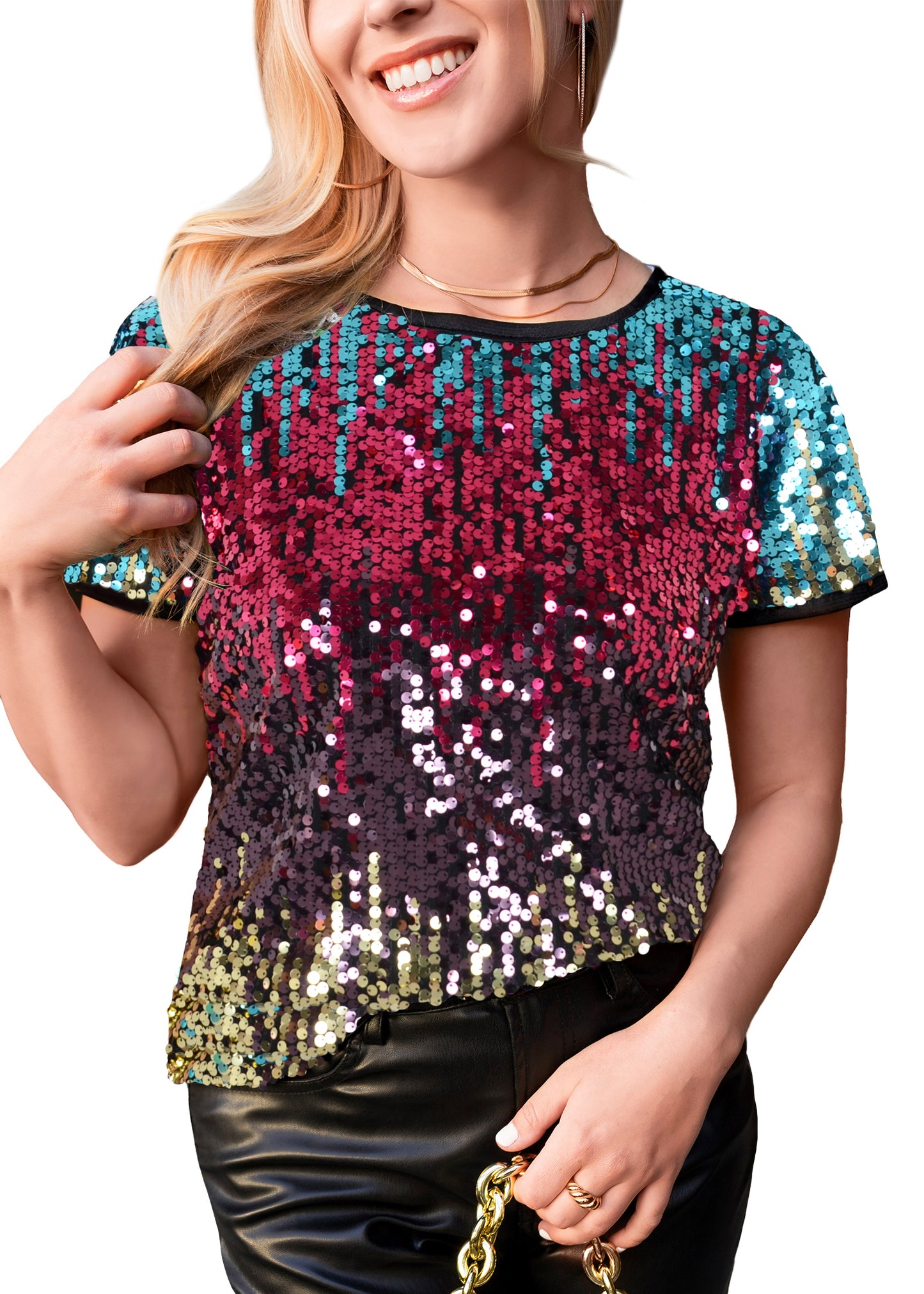 Blusa de cuello redondo con mangas cortas y lentejuelas brillantes