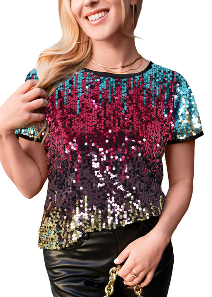 Blusa de cuello redondo con mangas cortas y lentejuelas brillantes