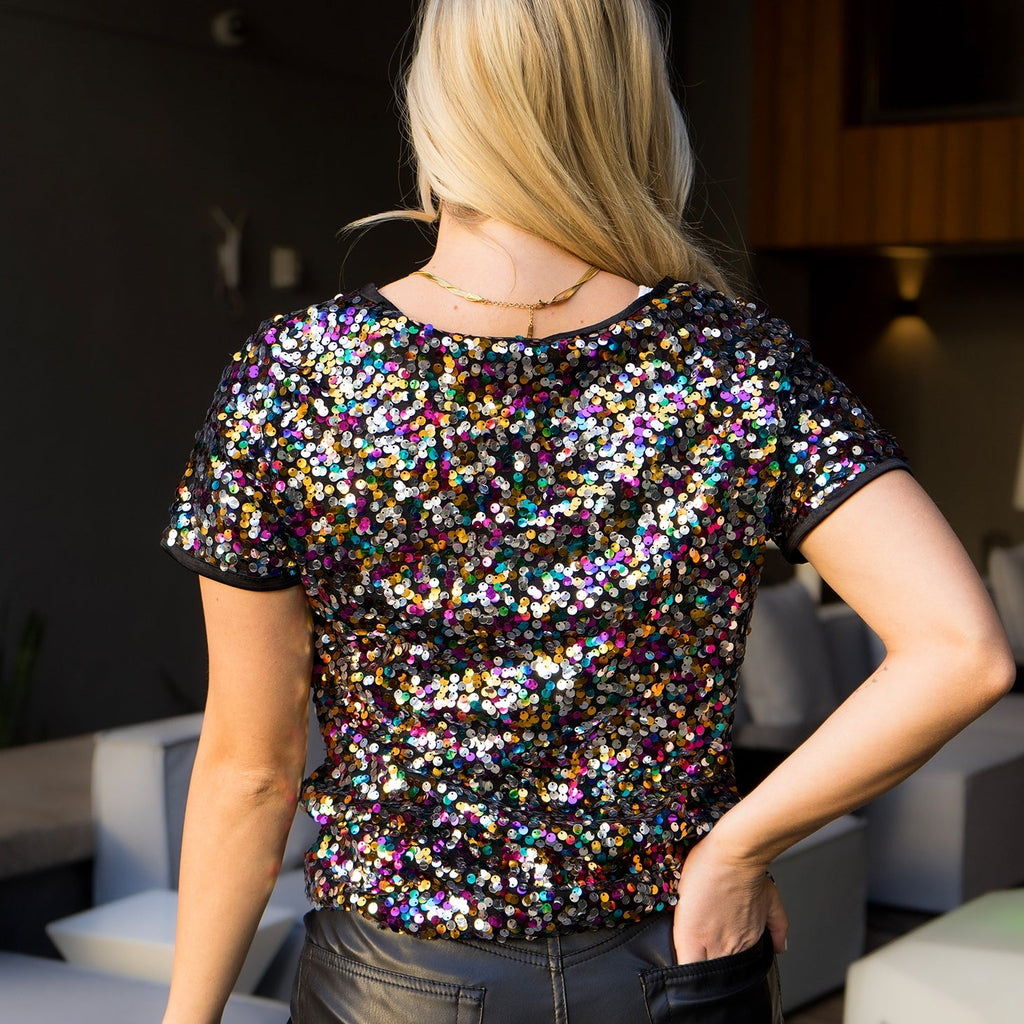 Anna-Kaci Glitter Sequin Fashion Style Tops Short Sleeve Sparkly Binding Shirt Blouse