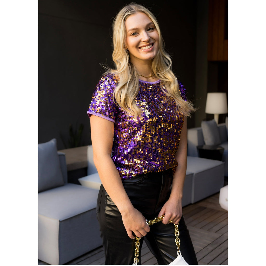 Anna-Kaci Glitter Sequin Fashion Style Tops Short Sleeve Sparkly Binding Shirt Blouse