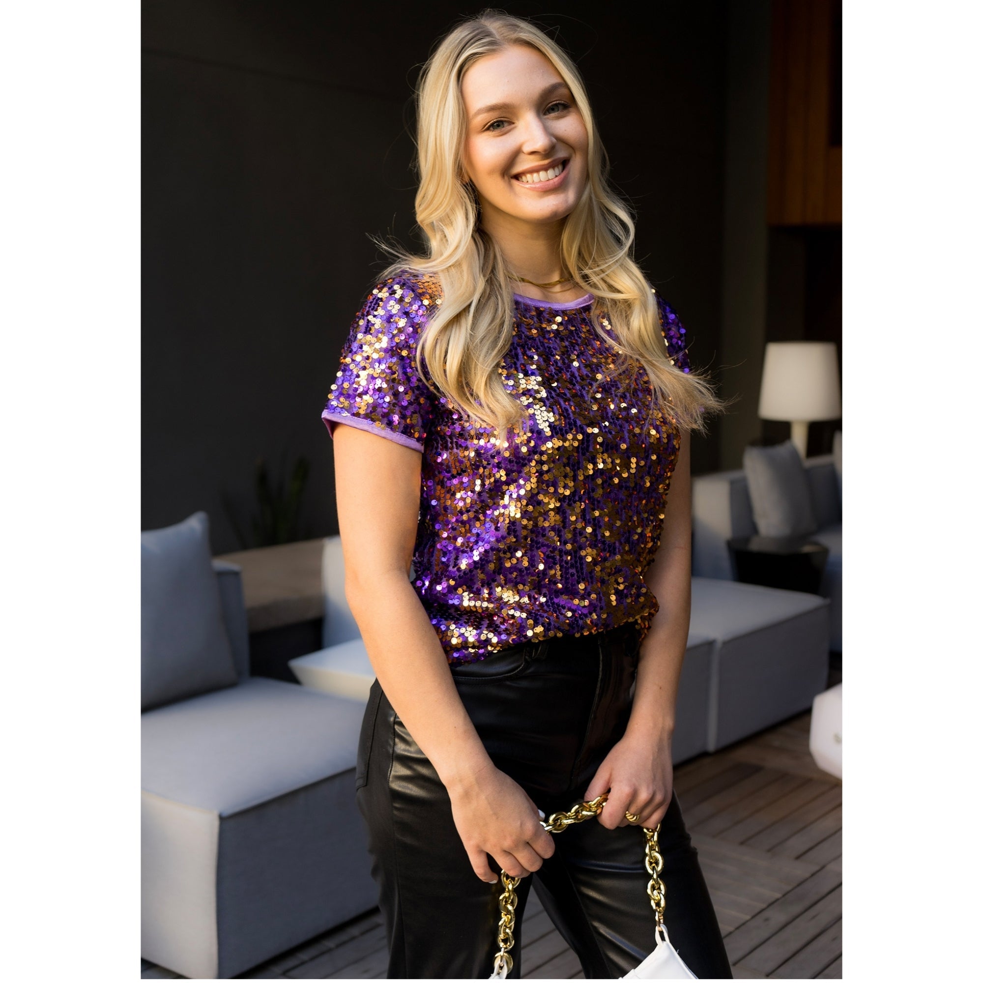 Anna-Kaci Glitter Sequin Fashion Style Tops Short Sleeve Sparkly Binding Shirt Blouse