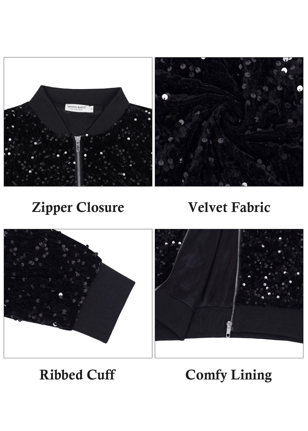 Chaqueta bomber de terciopelo con cremallera y mangas largas con lentejuelas brillantes