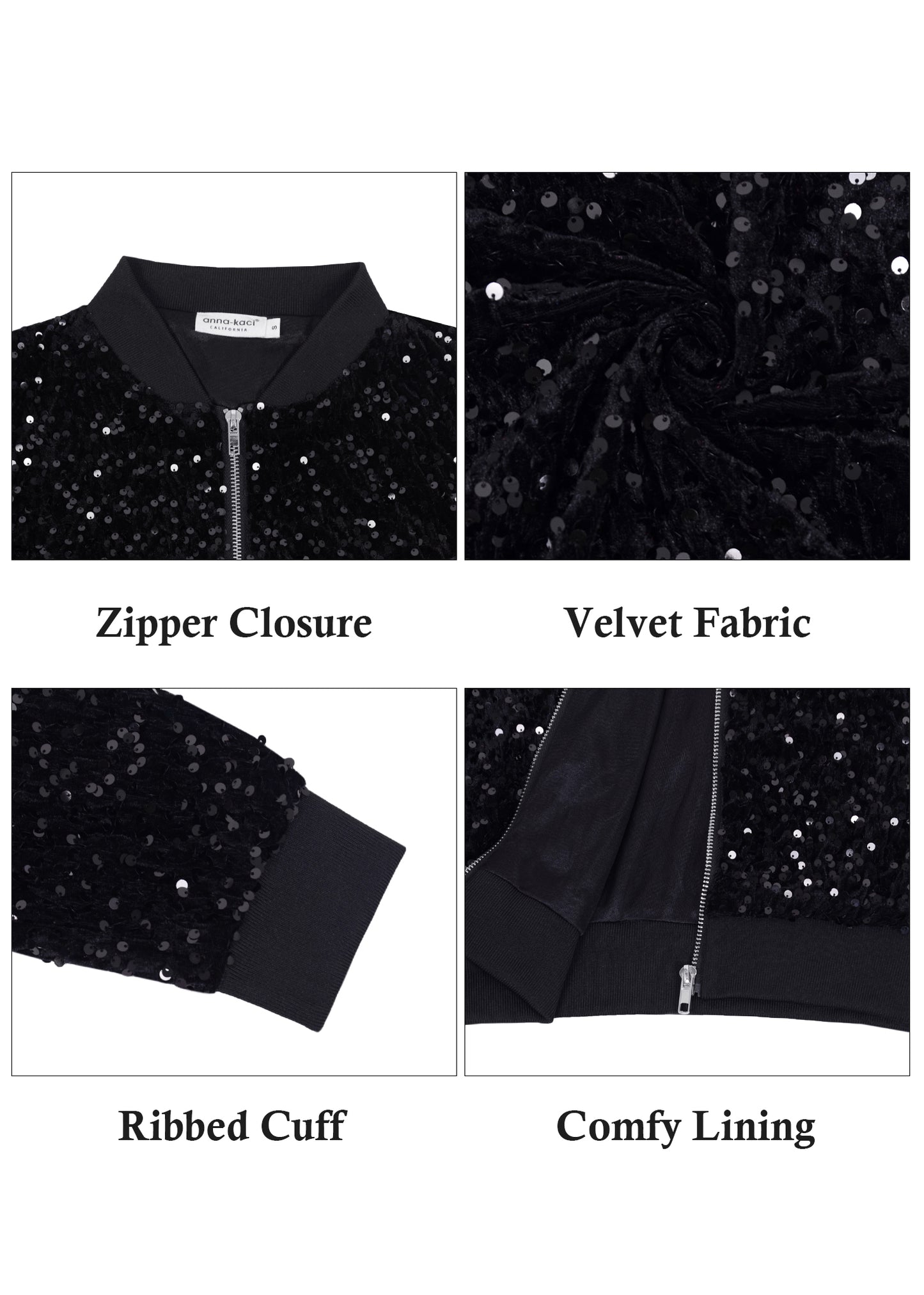 Chaqueta bomber de terciopelo con cremallera y mangas largas con lentejuelas brillantes