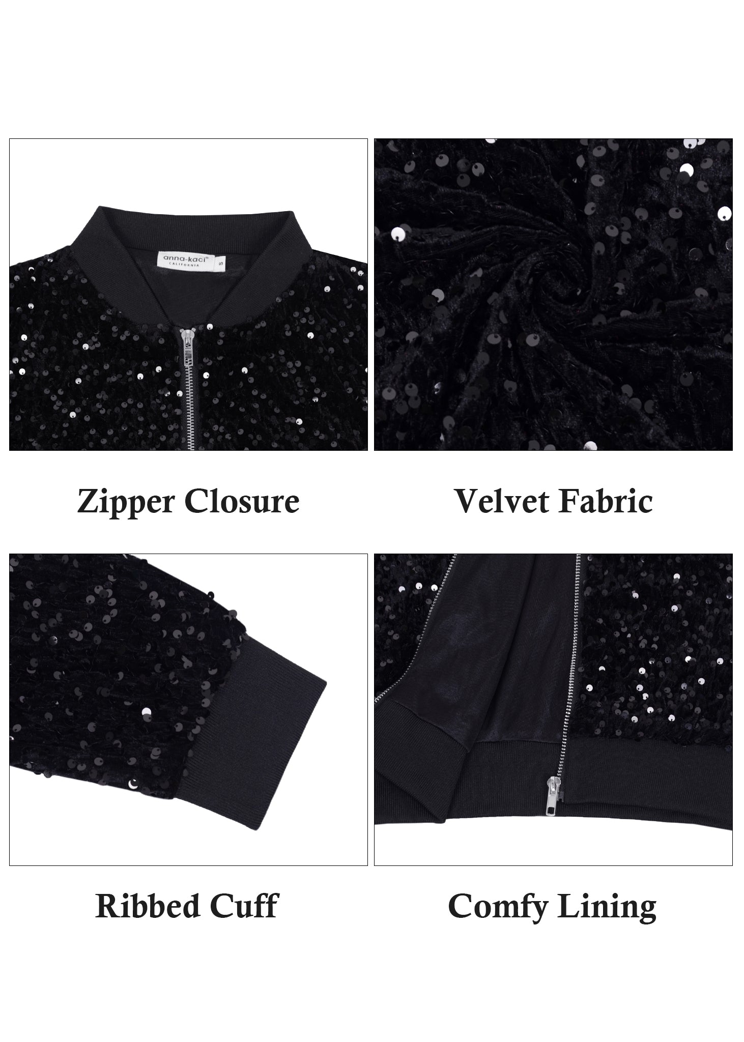 Chaqueta de mujer Anna-Kaci con lentejuelas brillantes, mangas largas con purpurina, cremallera frontal y puños acanalados