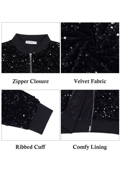 Anna-Kaci Womens Sparkly Sequin Jacket Glitter Long Sleeves Front Zip Up Bomber Jacket with Ribbed Cuffs