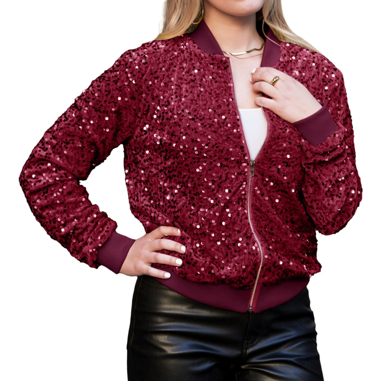 Anna-Kaci Sparkly Sequin Jacket Glitter Long Sleeves Zip Up Bomber Velvet Jacket