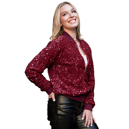 Anna-Kaci Sparkly Sequin Jacket Glitter Long Sleeves Zip Up Bomber Velvet Jacket