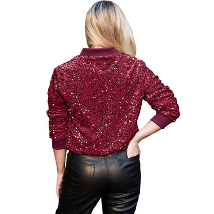 Anna-Kaci Sparkly Sequin Jacket Glitter Long Sleeves Zip Up Bomber Velvet Jacket