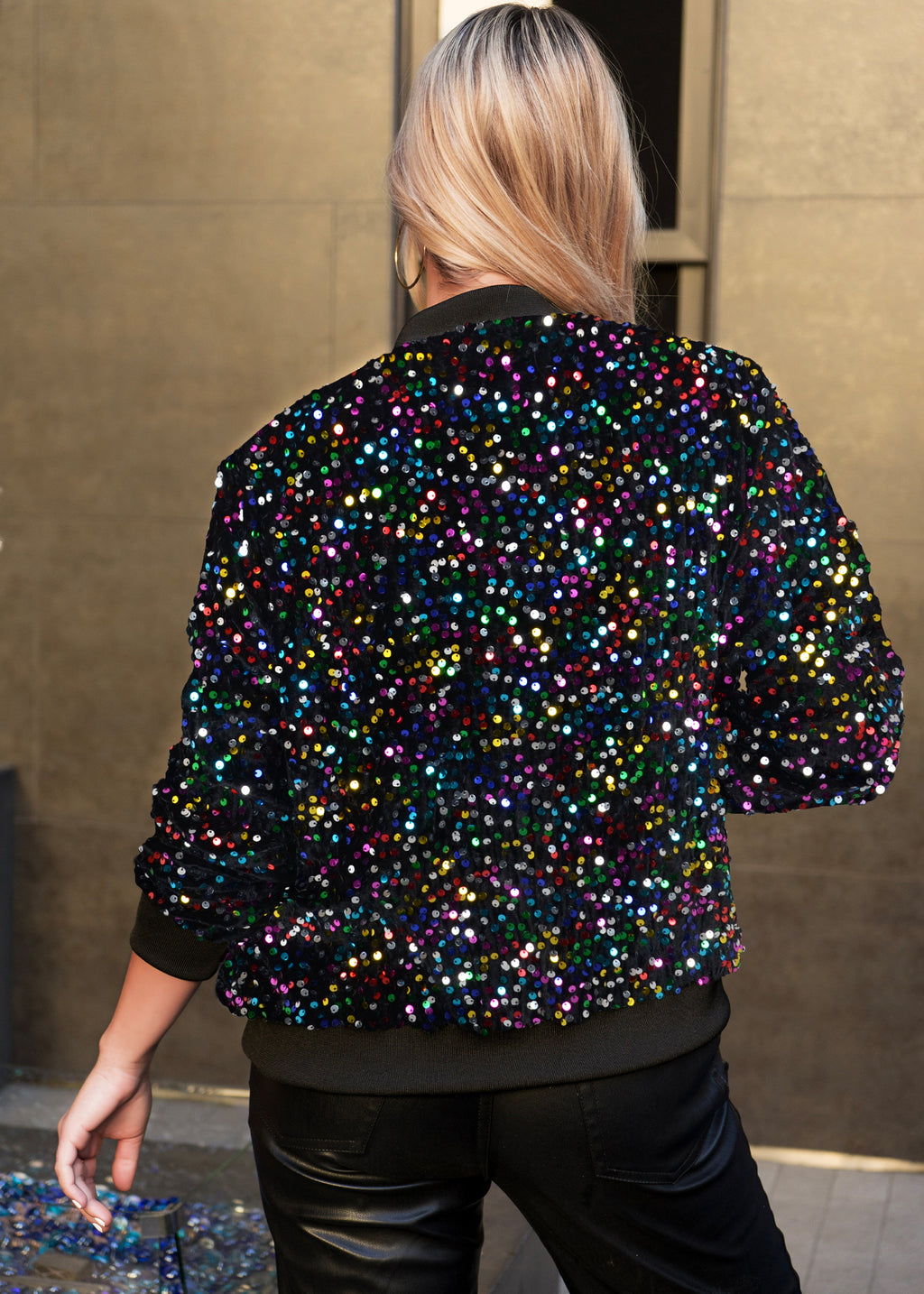 Chaqueta de mujer Anna-Kaci con lentejuelas brillantes, mangas largas con purpurina, cremallera frontal y puños acanalados