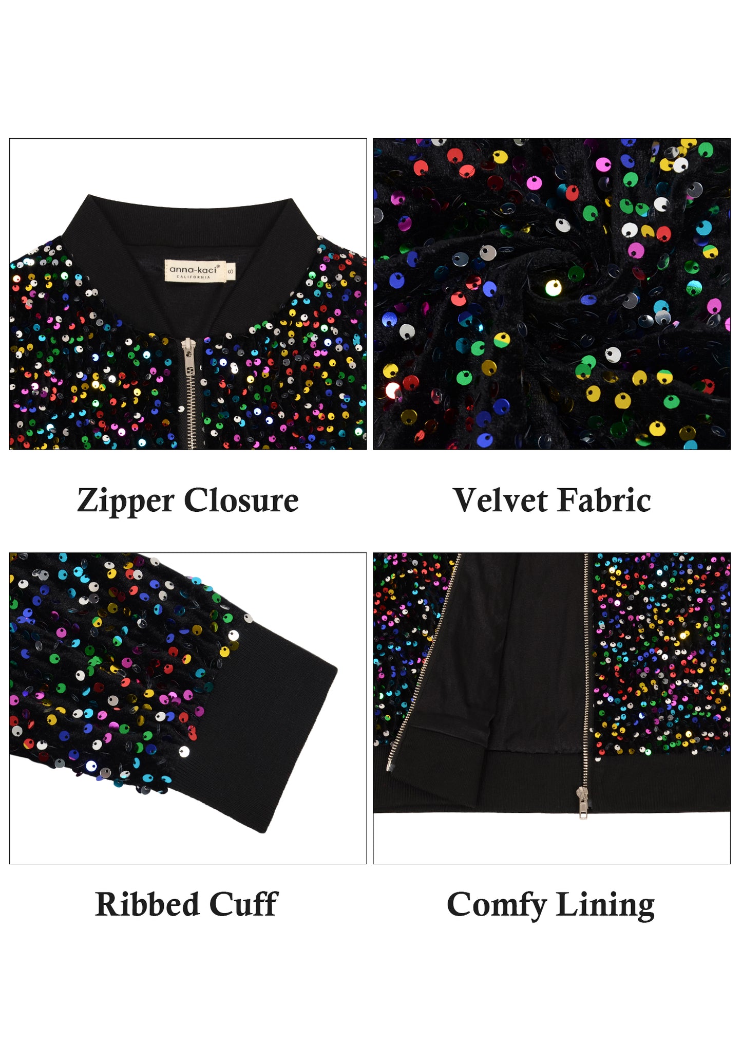 Anna-Kaci Womens Sparkly Sequin Jacket Glitter Long Sleeves Front Zip Up Bomber Jacket with Ribbed Cuffs