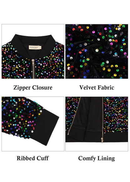 Anna-Kaci Womens Sparkly Sequin Jacket Glitter Long Sleeves Front Zip Up Bomber Jacket with Ribbed Cuffs