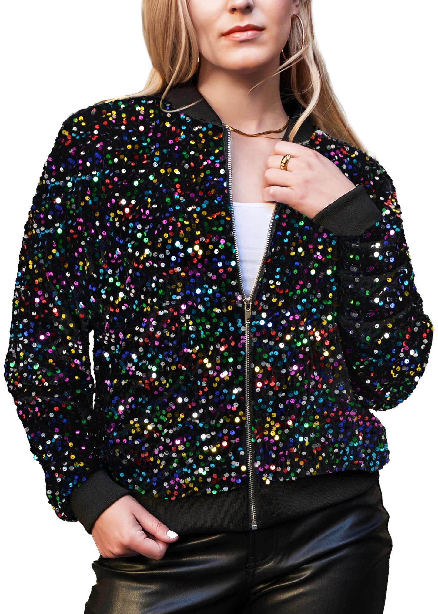 Anna-Kaci Womens Sparkly Sequin Jacket Glitter Long Sleeves Front Zip Up Bomber Jacket with Ribbed Cuffs