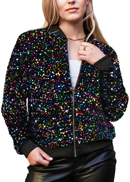 Anna-Kaci Womens Sparkly Sequin Jacket Glitter Long Sleeves Front Zip Up Bomber Jacket with Ribbed Cuffs