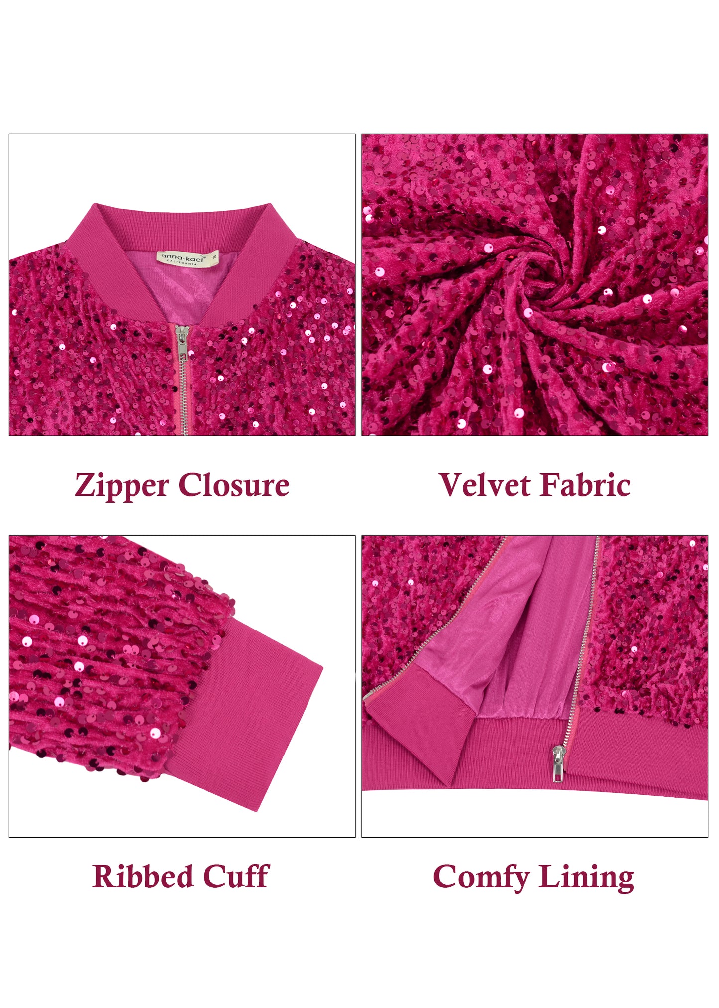 Chaqueta bomber de terciopelo con cremallera y mangas largas con lentejuelas brillantes