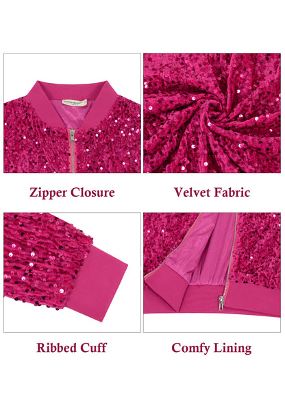 Anna-Kaci Womens Sparkly Sequin Jacket Glitter Long Sleeves Front Zip Up Bomber Jacket with Ribbed Cuffs