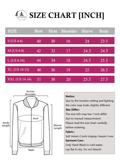 Anna-Kaci Womens Sparkly Sequin Jacket Glitter Long Sleeves Front Zip Up Bomber Jacket with Ribbed Cuffs