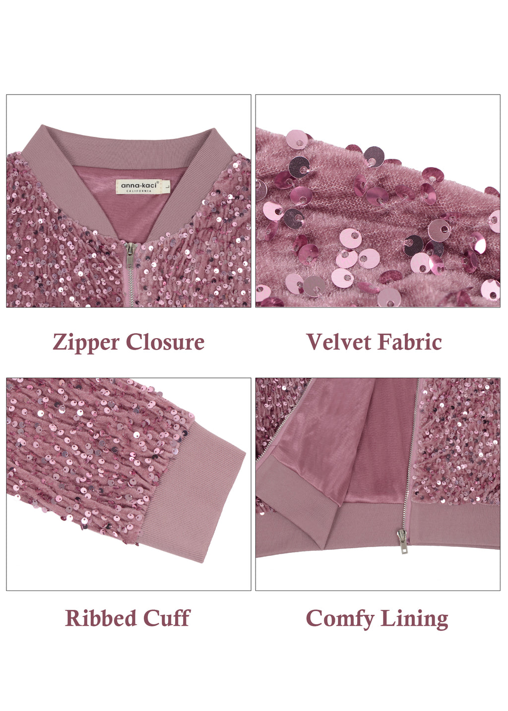 Chaqueta de mujer Anna-Kaci con lentejuelas brillantes, mangas largas con purpurina, cremallera frontal y puños acanalados