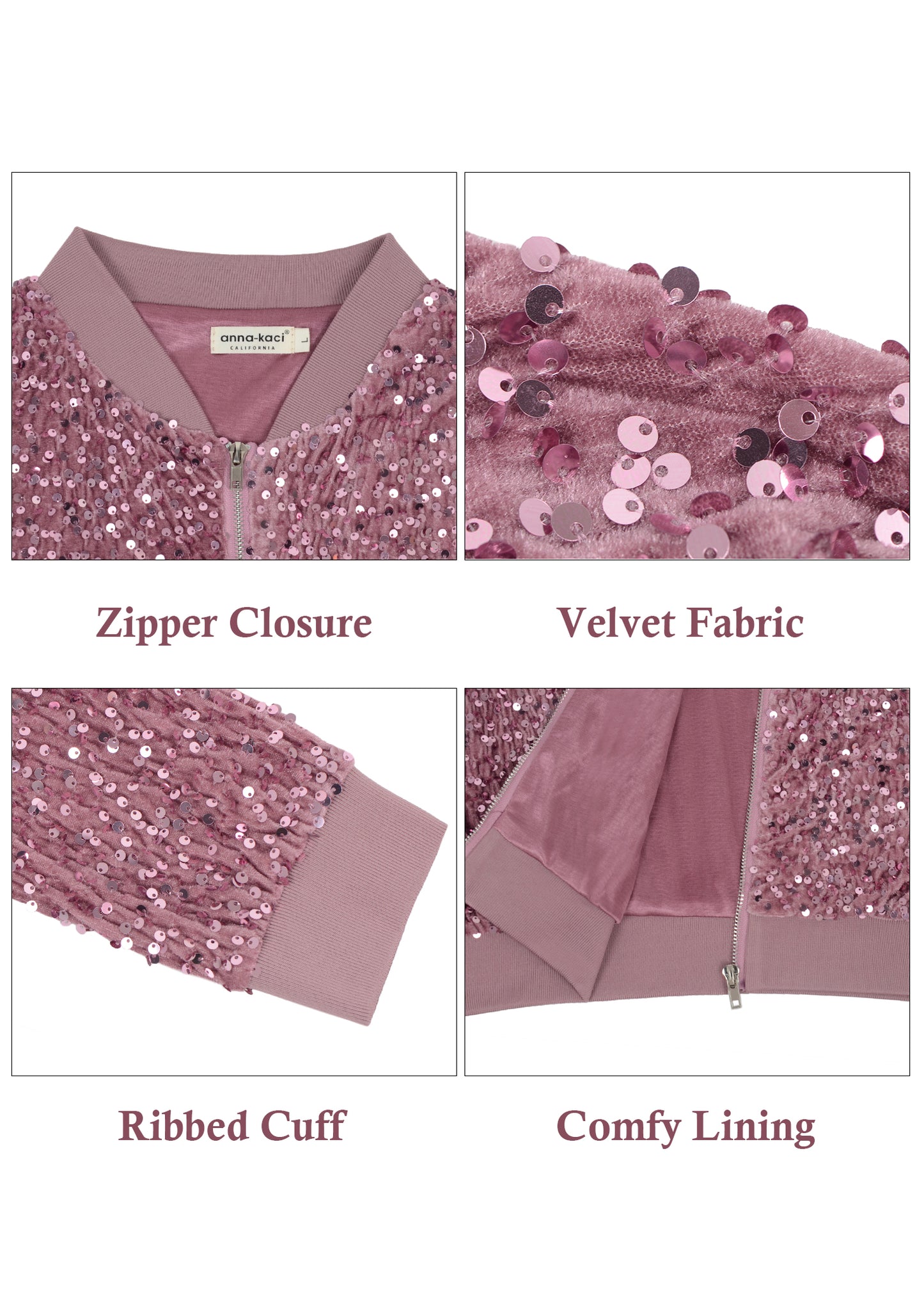 Anna-Kaci Womens Sparkly Sequin Jacket Glitter Long Sleeves Front Zip Up Bomber Jacket with Ribbed Cuffs