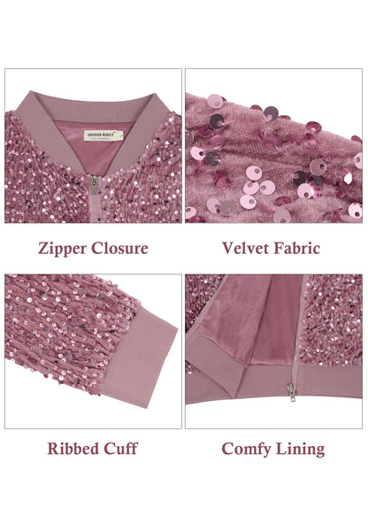 Anna-Kaci Womens Sparkly Sequin Jacket Glitter Long Sleeves Front Zip Up Bomber Jacket with Ribbed Cuffs