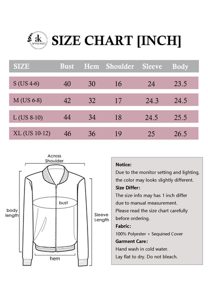 Anna-Kaci Womens Sparkly Sequin Jacket Glitter Long Sleeves Front Zip Up Bomber Jacket with Ribbed Cuffs