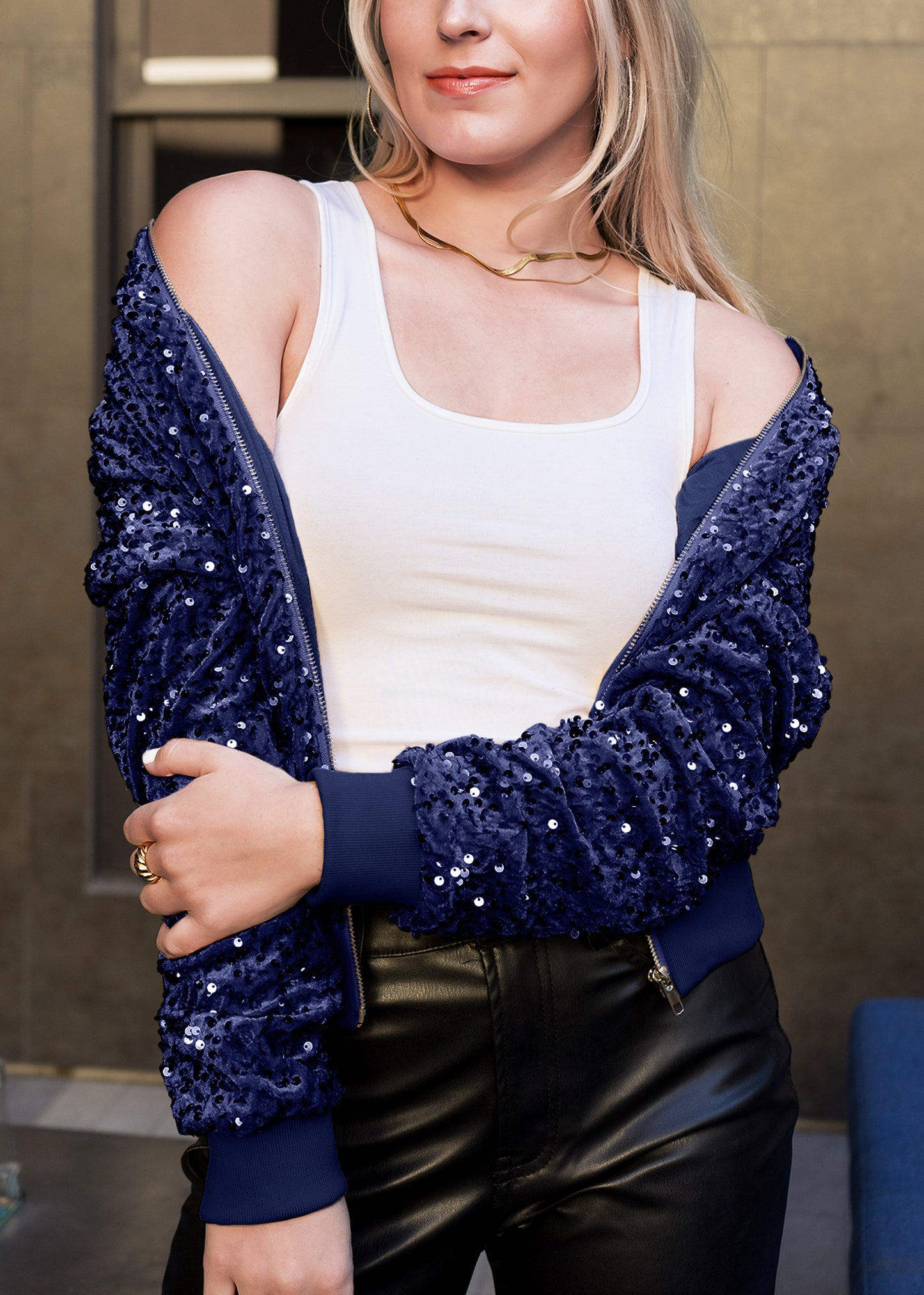 Anna-Kaci Womens Sparkly Sequin Jacket Glitter Long Sleeves Front Zip Up Bomber Jacket with Ribbed Cuffs