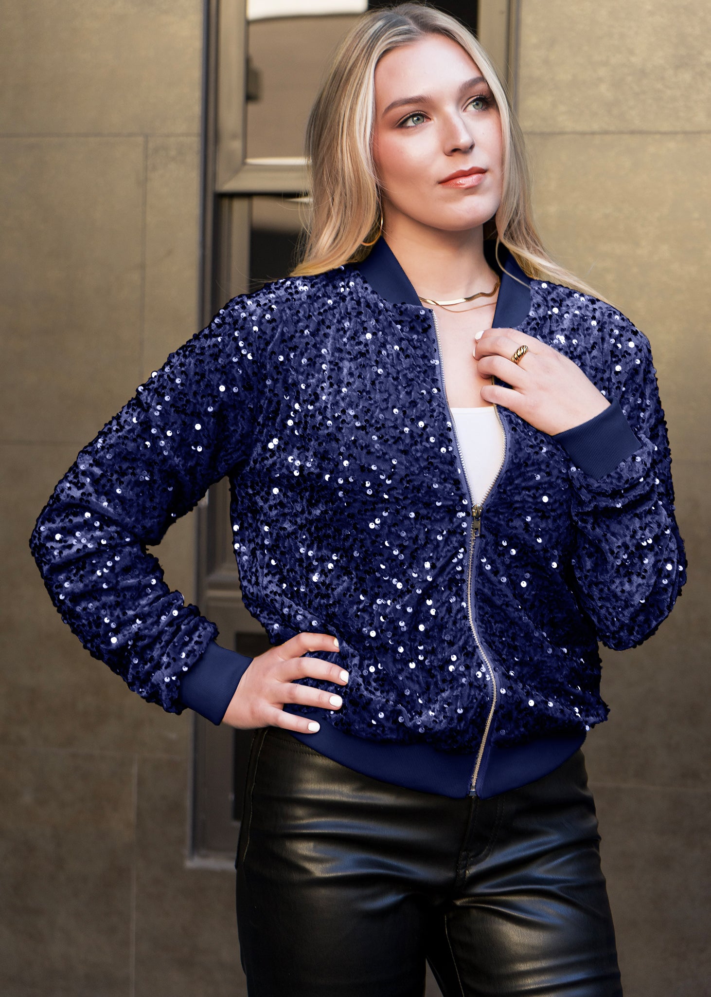 Chaqueta de mujer Anna-Kaci con lentejuelas brillantes, mangas largas con purpurina, cremallera frontal y puños acanalados