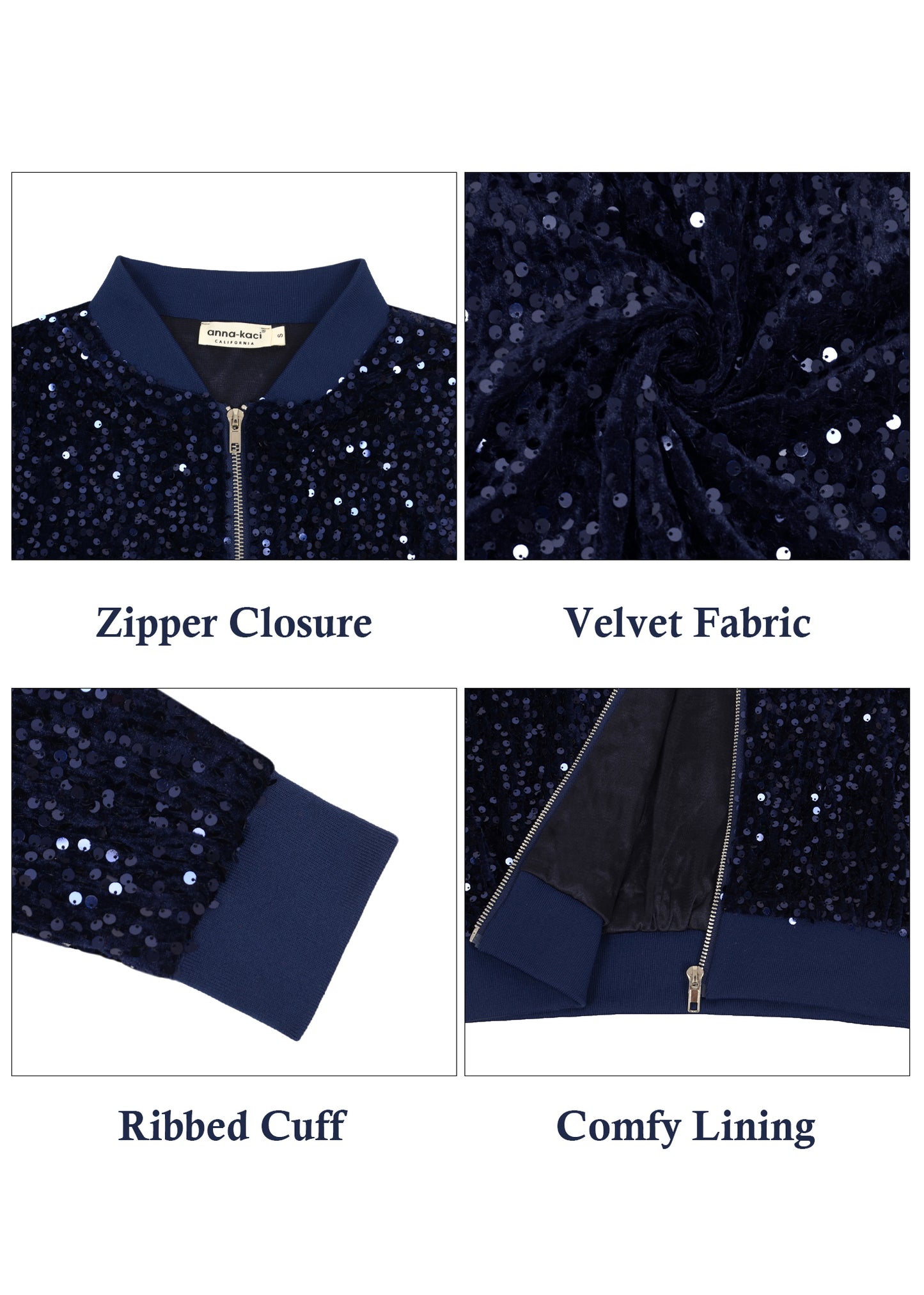 Anna-Kaci Womens Sparkly Sequin Jacket Glitter Long Sleeves Front Zip Up Bomber Jacket with Ribbed Cuffs