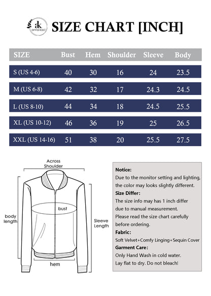 Anna-Kaci Womens Sparkly Sequin Jacket Glitter Long Sleeves Front Zip Up Bomber Jacket with Ribbed Cuffs